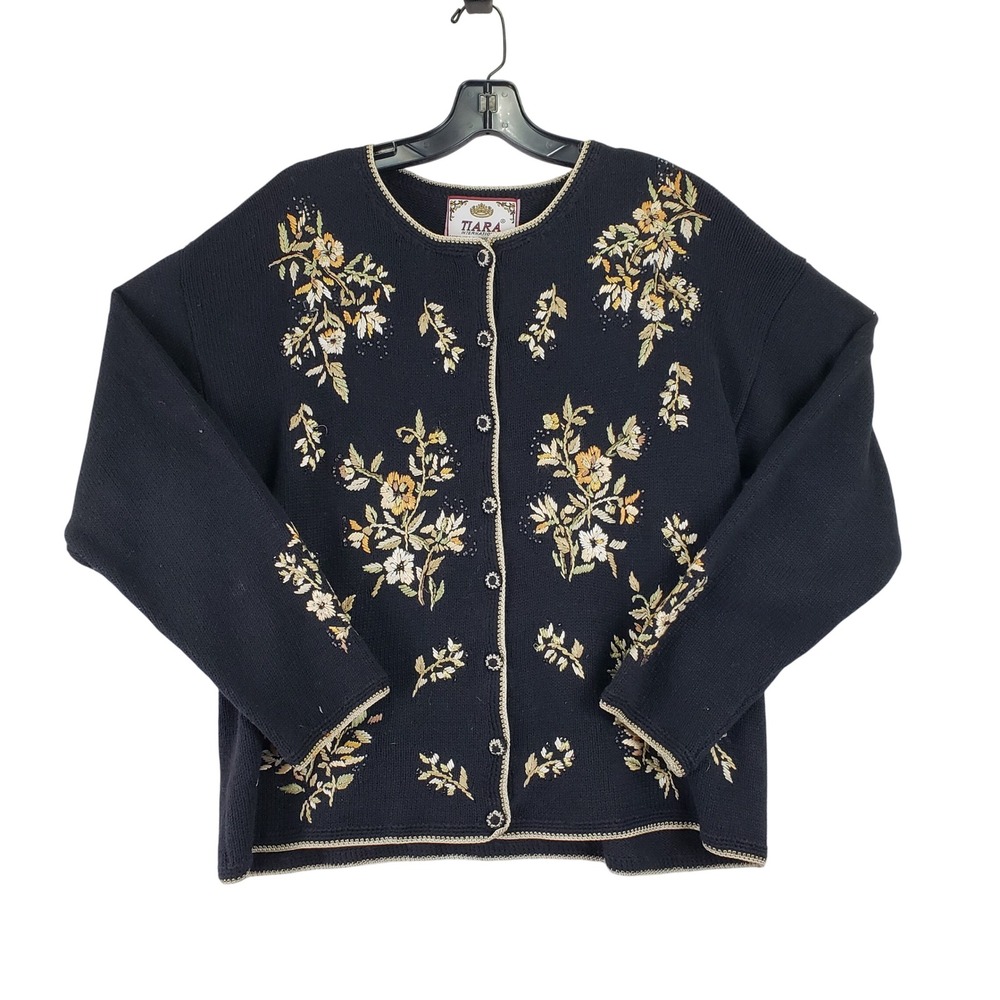 VINTAGE Tiara International Cardigan Womens L Black Floral Beaded Embroidered